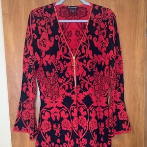 INC INTERNATIONAL CONCEPTS RED & BLACK BELL SLEEVED ZIPPERED FRONT DRESS ~ SZ XL